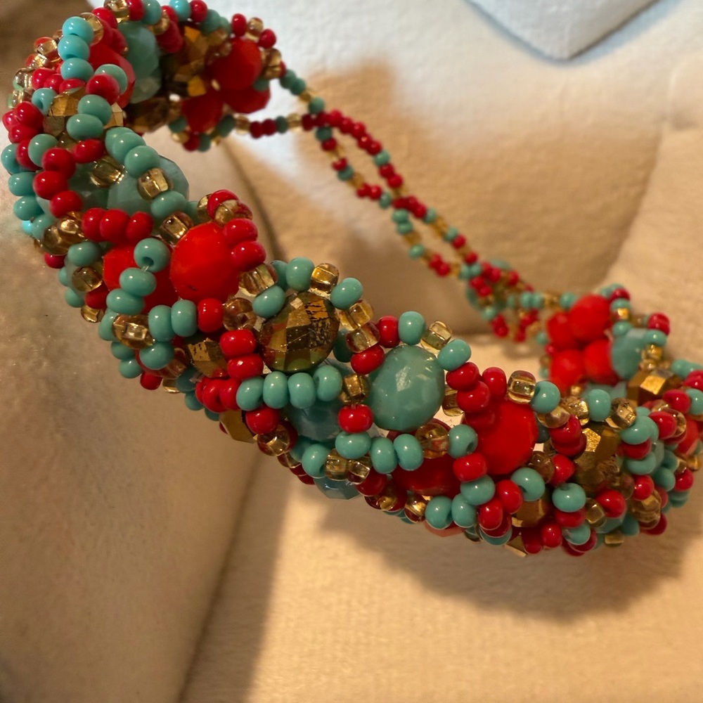 Elevated Southwest Style Turquoise, Red & Gold Tone Beaded Bracelet